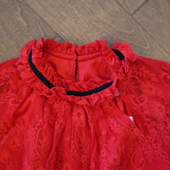 Romantic Three Floor Split Tease Cutout Long Sleeve Floral Lace Maxi Dress Red 8 - Picture 9 of 16